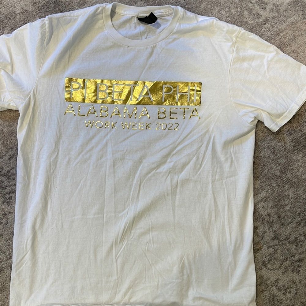 Pi Beta Phi “ALABAMA BETA work week 2022” crew Neck Tee (white/gold letters)